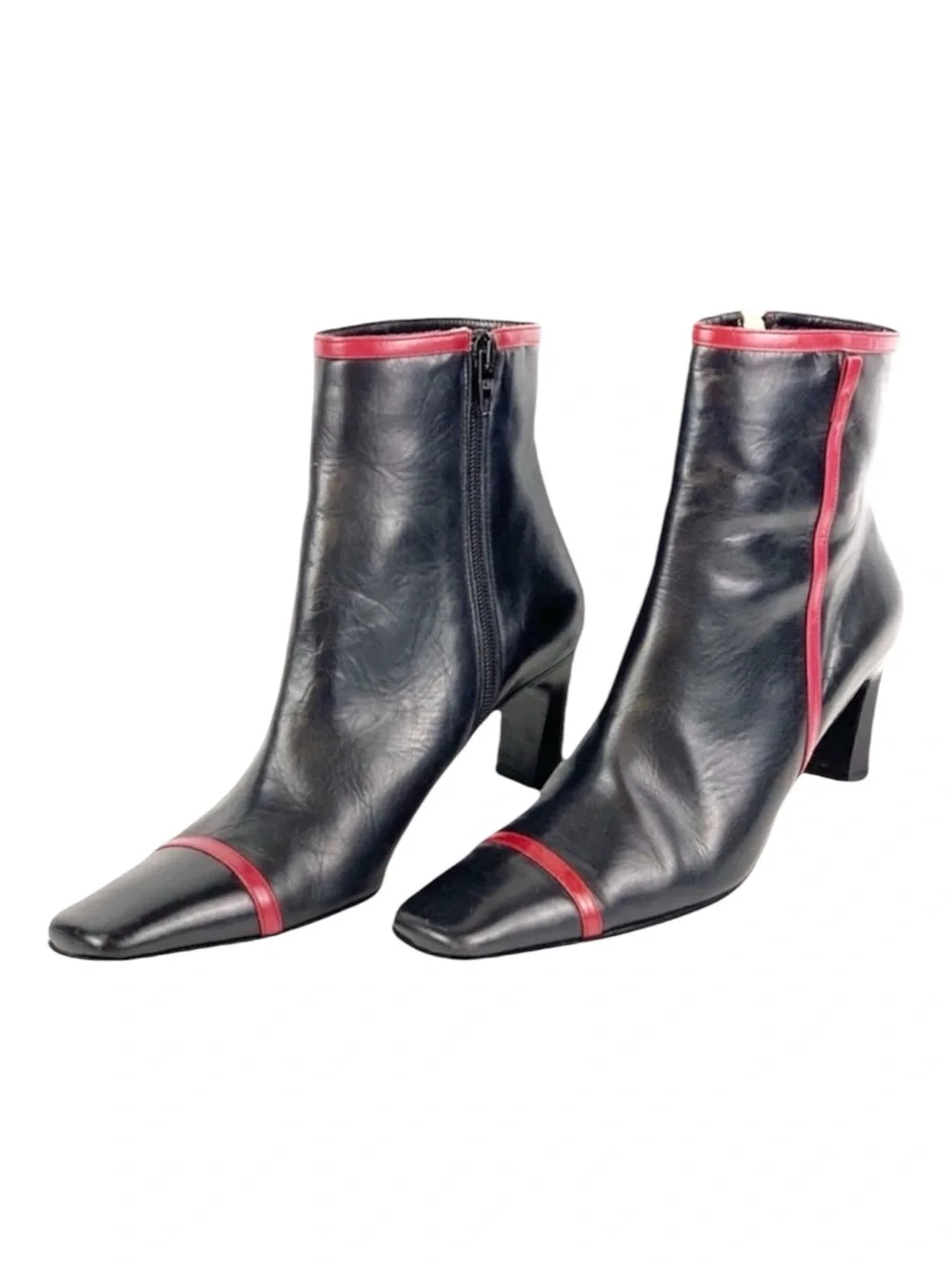 Women's Black Leather Ankle Boots with Red Trim and Side Zipper